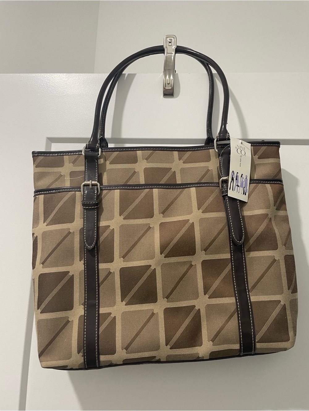 Neutral Brown Patterned Tote Bag with Dark Trim